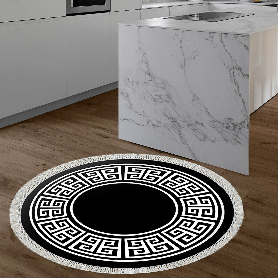 Dekoreko Kaymaz Taban Djt Mutfak Halısı Trend Saçaklı Yuvarlak Modern 608M