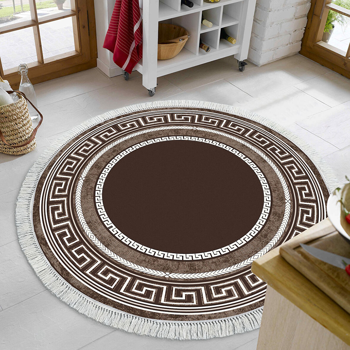 Dekoreko Kaymaz Taban Djt Mutfak Halısı Yıldız Deri Saçaklı Yuvarlak Modern 651M