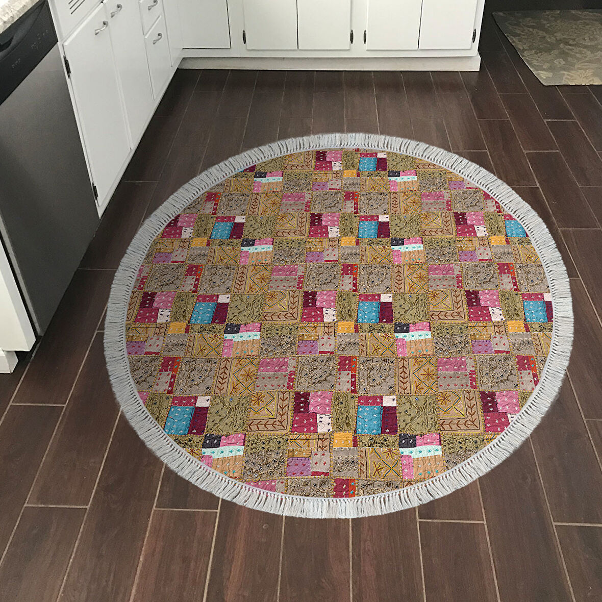 Dekoreko Kaymaz Taban Djt Mutfak Halısı Trend Saçaklı Yuvarlak Modern 2155M