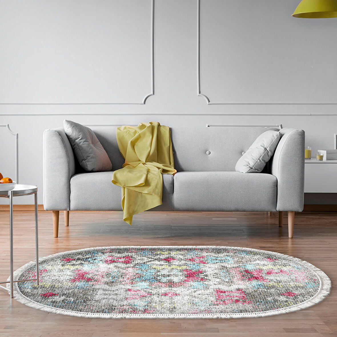 Dekoreko Kaymaz Taban Djt Salon Halısı Yıldız Deri Saçaklı Oval Modern F5138