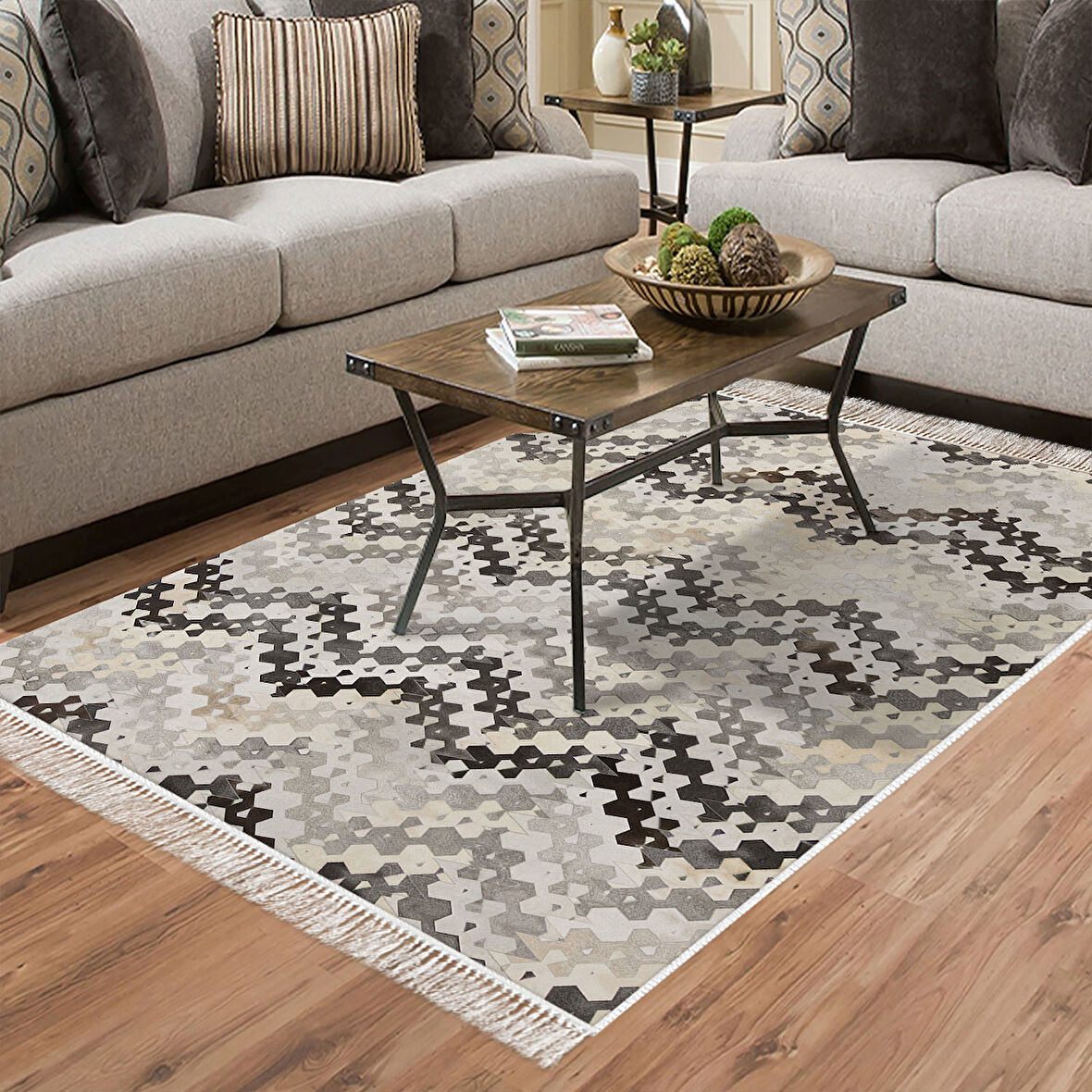 Dekoreko Kaymaz Taban Djt Salon Halısı Yıldız Deri Saçaklı Modern 1675