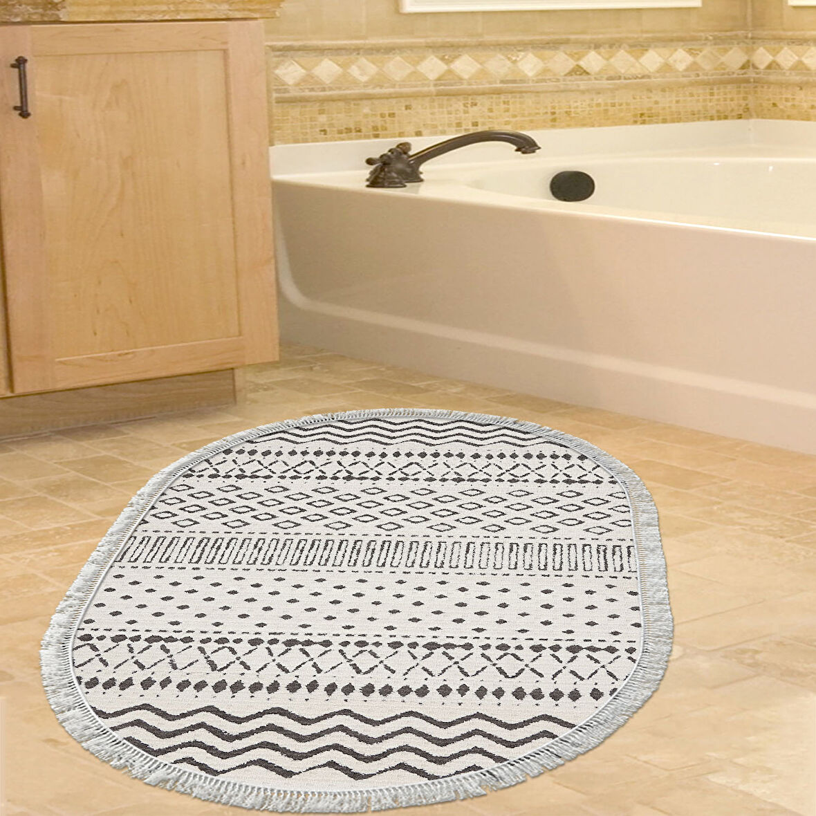 Dekoreko Kaymaz Taban Djt Banyo Halısı Trend Saçaklı Oval İskandinav F5086