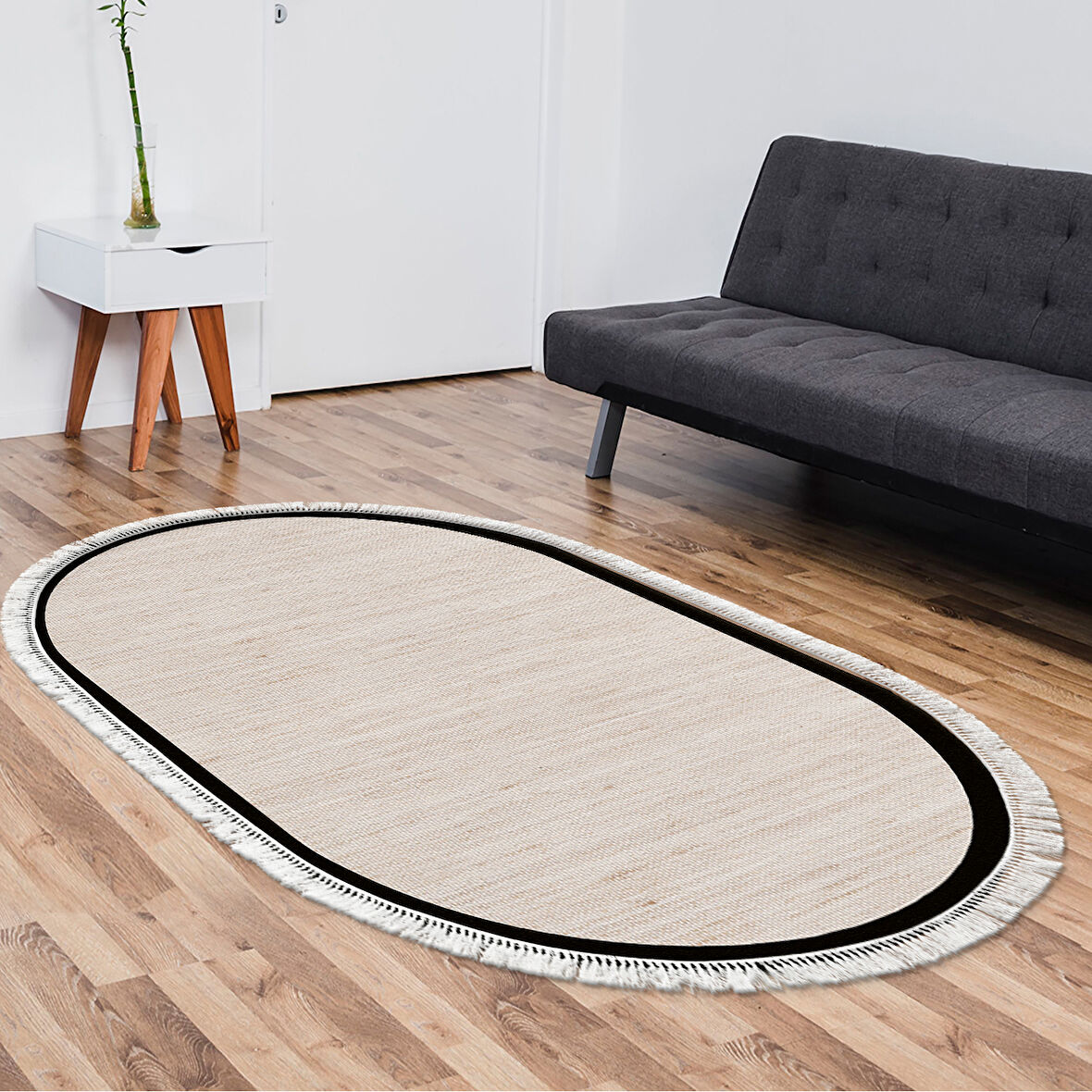 Alanur Home Kaymaz Taban Djt Banyo Mutfak Salon Halı  Trend Saçaklı Oval Dokuma Desen E5007