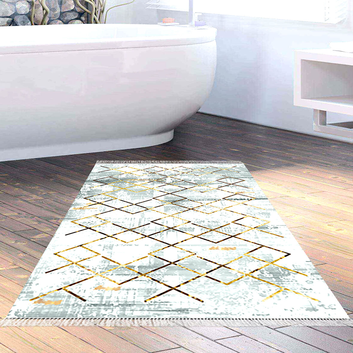 Dekoreko Kaymaz Taban Djt Banyo Halısı Trend Saçaklı Modern M5026