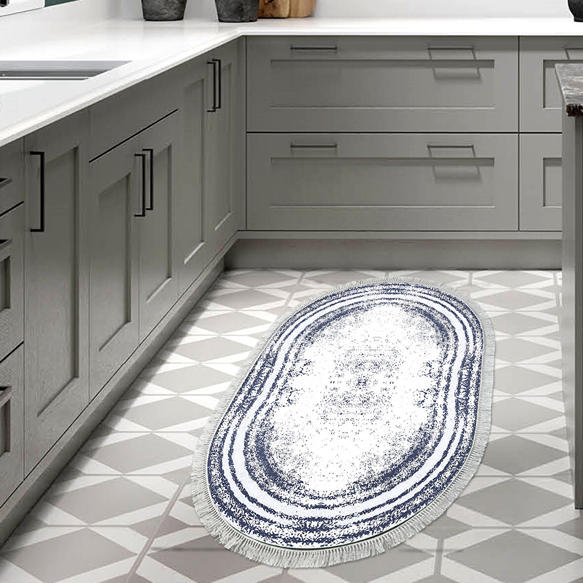 Dekoreko Kaymaz Taban Djt Mutfak Halısı Yıldız Deri Saçaklı Oval Modern M5132