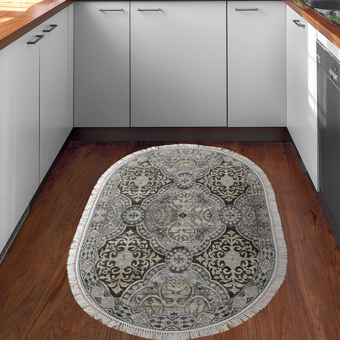 Dekoreko Kaymaz Taban Djt Mutfak Halısı Trend Saçaklı Oval Modern 659M