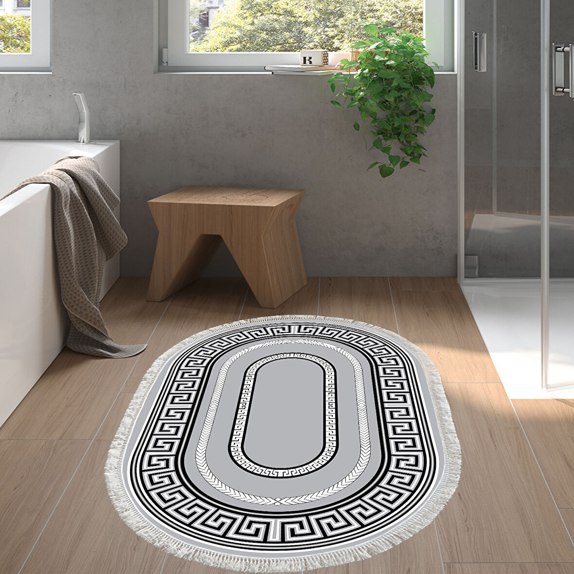 Dekoreko Kaymaz Taban Djt Banyo Halısı Yıldız Deri Saçaklı Oval Modern 651M