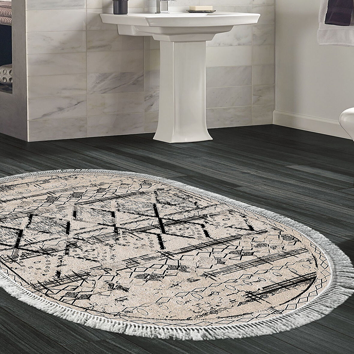 Dekoreko Kaymaz Taban Djt Banyo Halısı Yıldız Deri Saçaklı Oval İskandinav M5141