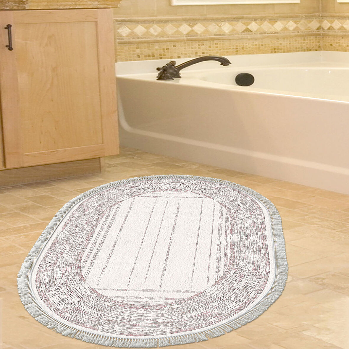 Dekoreko Kaymaz Taban Djt Banyo Halısı Star Pamuk Saçaklı Oval Modern M5076