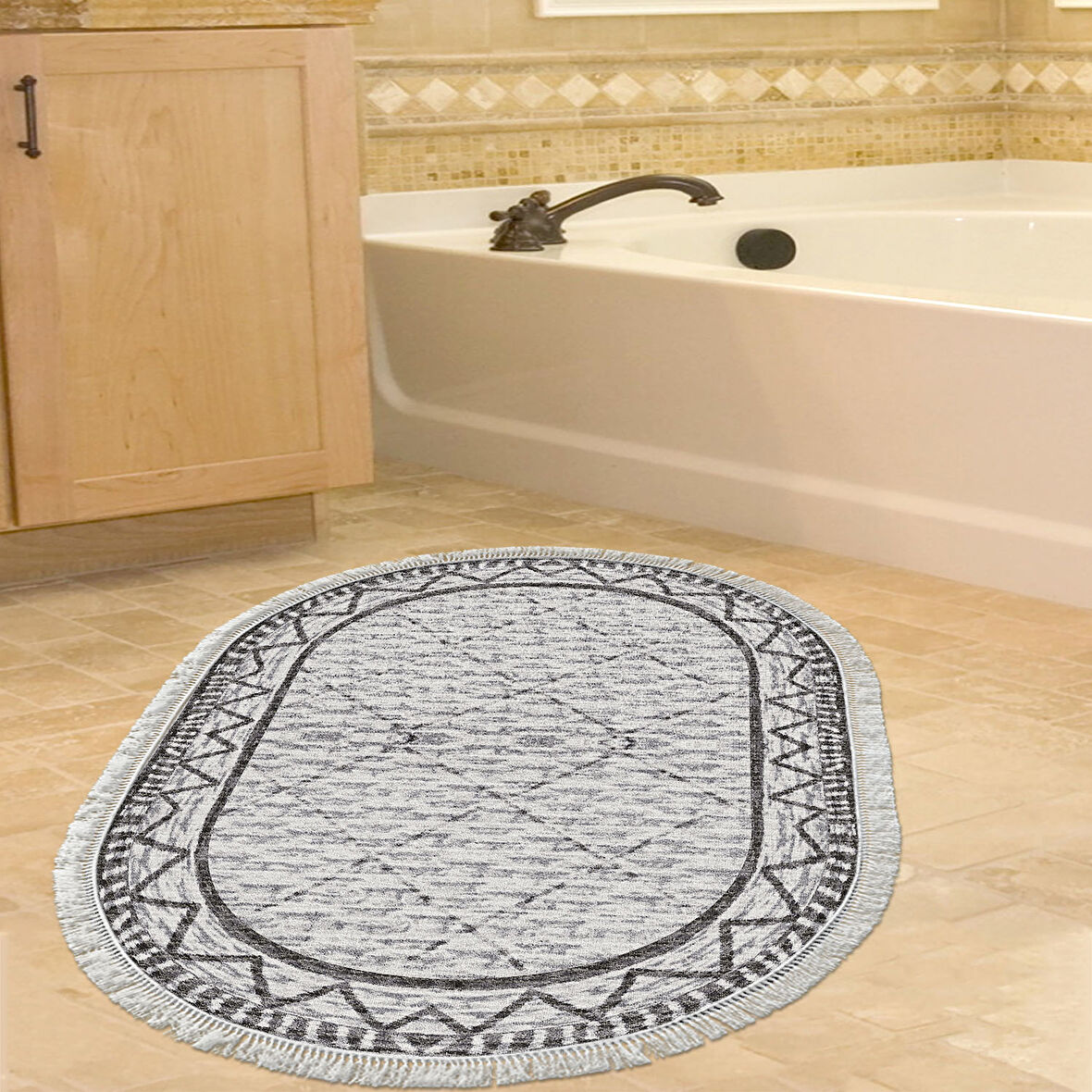 Dekoreko Kaymaz Taban Djt Banyo Halısı Yıldız Deri Saçaklı Oval İskandinav F5081