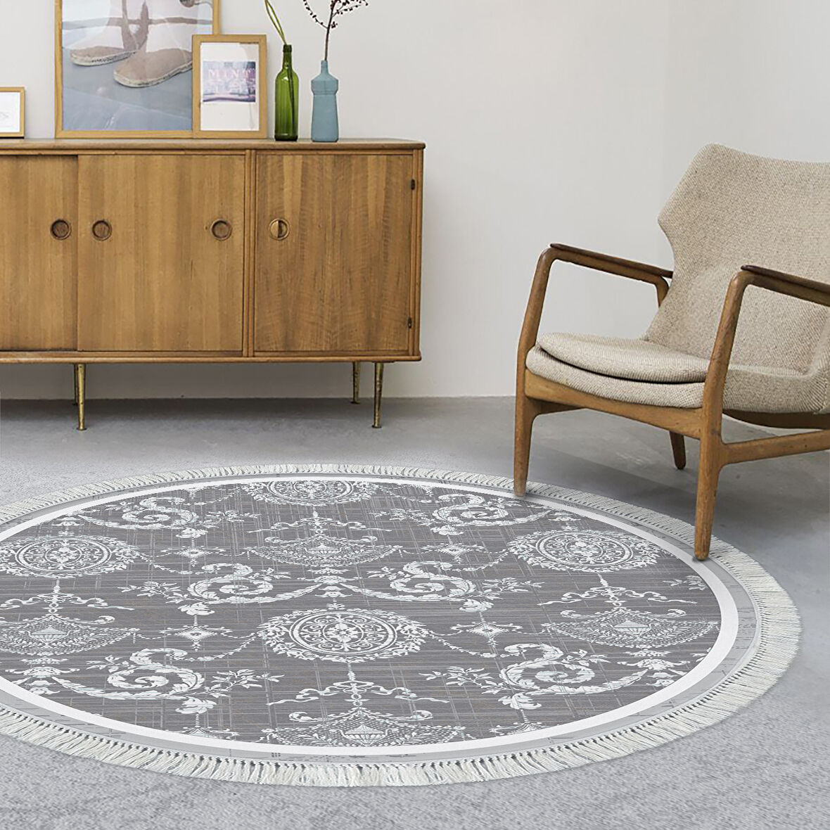 Dekoreko Kaymaz Taban Djt Salon Halısı Trend Saçaklı Yuvarlak Modern 1861M