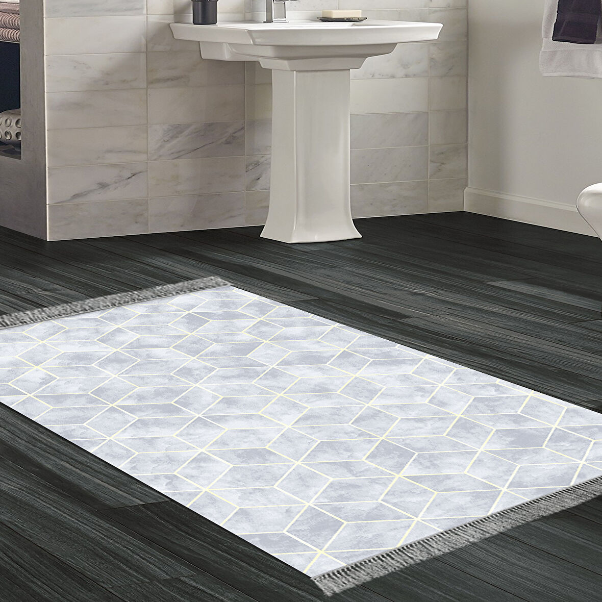 Dekoreko Kaymaz Taban Djt Banyo Halısı Yıldız Deri Saçaklı Modern 627M