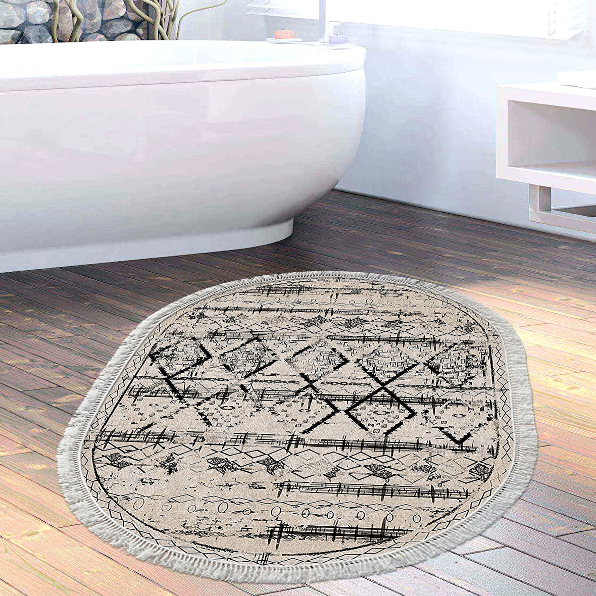 Dekoreko Kaymaz Taban Djt Banyo Halısı Trend Saçaklı Oval İskandinav M5141