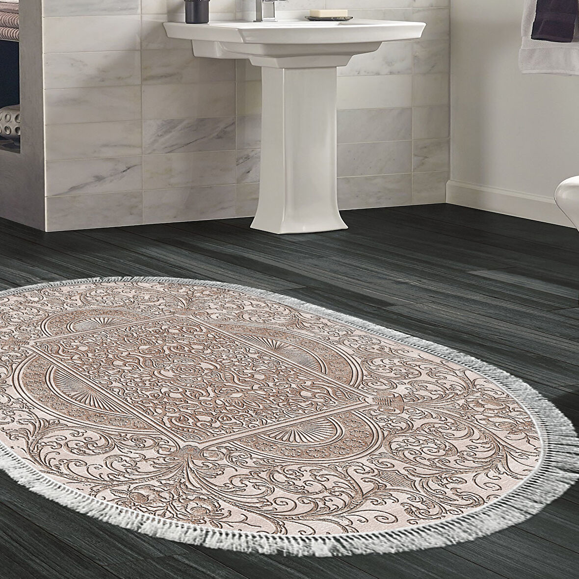 Dekoreko Kaymaz Taban Djt Banyo Halısı Star Pamuk Saçaklı Oval Modern 1488