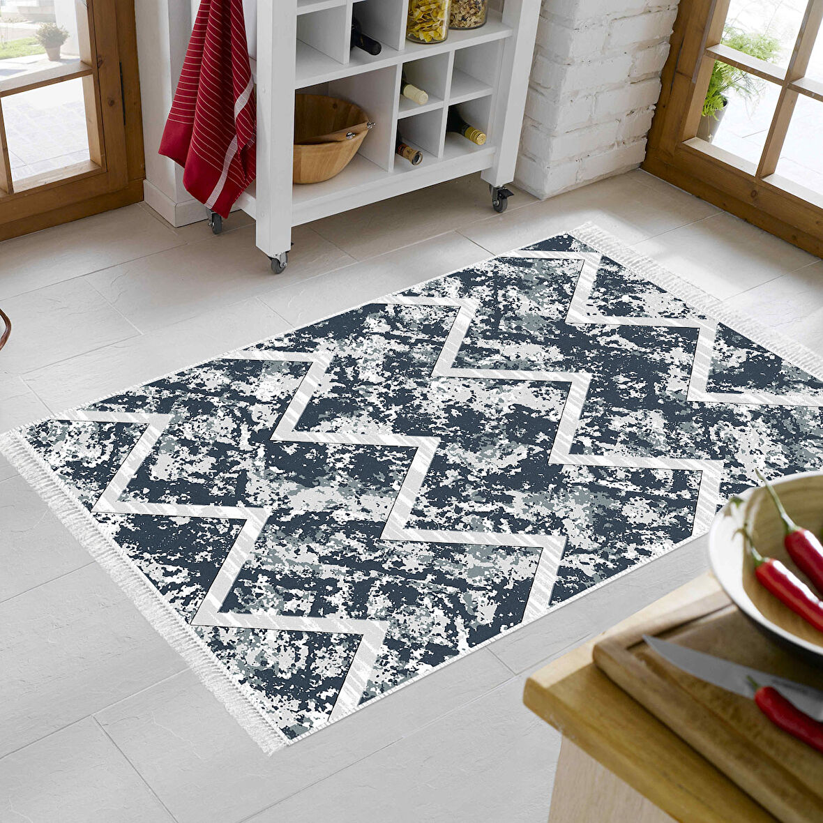 Dekoreko Kaymaz Taban Djt Mutfak Halısı Star Pamuk Saçaklı İskandinav F5128