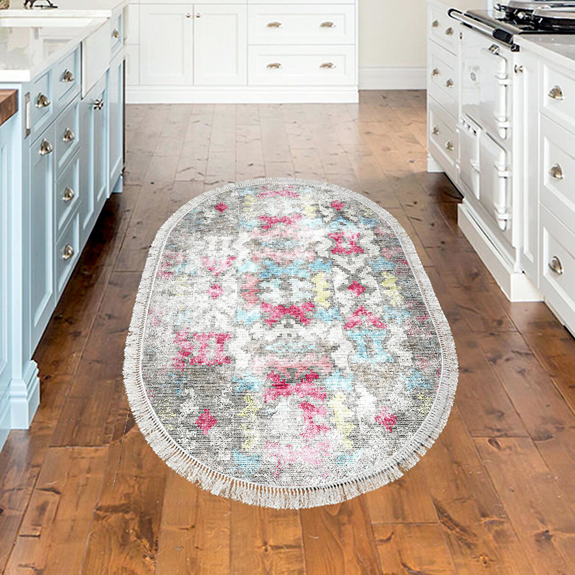 Dekoreko Kaymaz Taban Djt Mutfak Halısı Yıldız Deri Saçaklı Oval Modern F5138