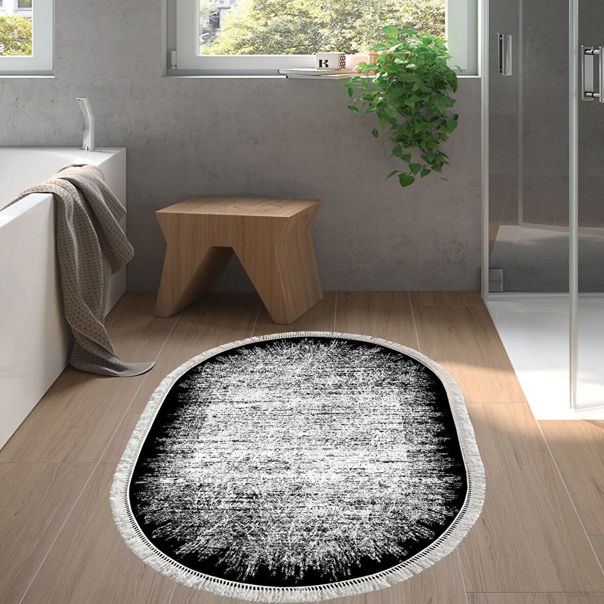 Dekoreko Kaymaz Taban Djt Banyo Halısı Yıldız Deri Saçaklı Oval Modern 1342