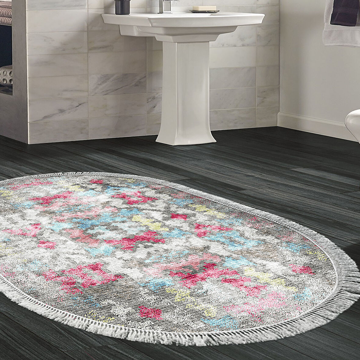 Dekoreko Kaymaz Taban Djt Banyo Halısı Yıldız Deri Saçaklı Oval Modern F5138