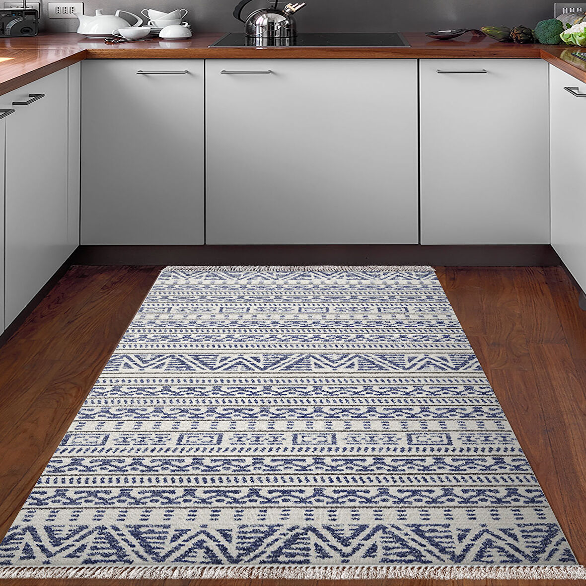 Dekoreko Kaymaz Taban Djt Mutfak Halısı Yıldız Deri Saçaklı İskandinav F5082