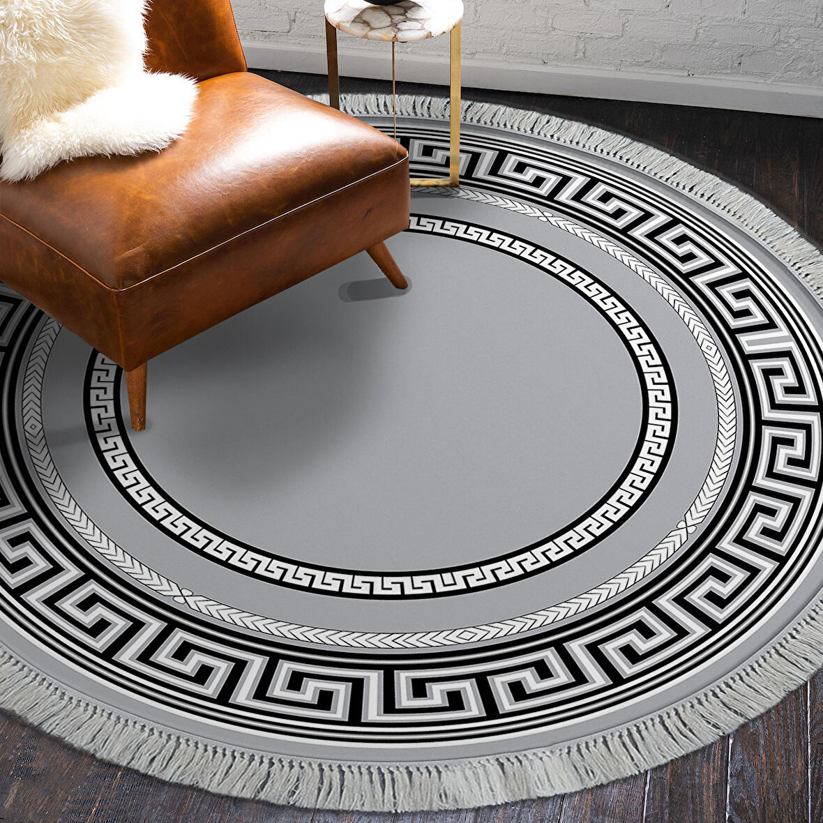 Dekoreko Kaymaz Taban Djt Salon Halısı Star Pamuk Saçaklı Yuvarlak Modern 651M