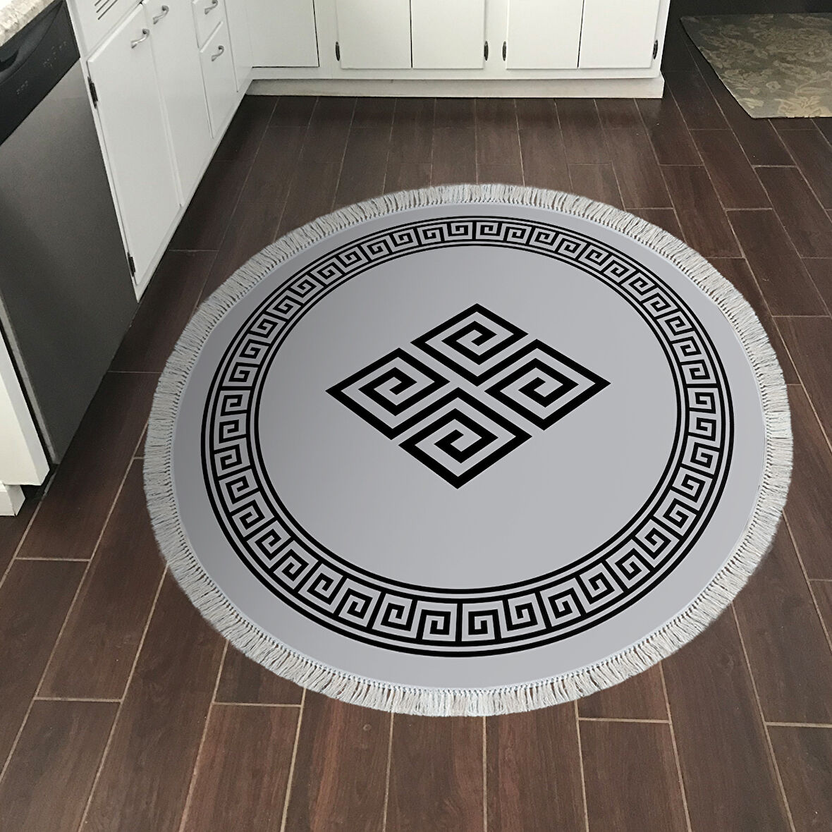 Dekoreko Kaymaz Taban Djt Mutfak Halısı Yıldız Deri Saçaklı Yuvarlak Modern 656M