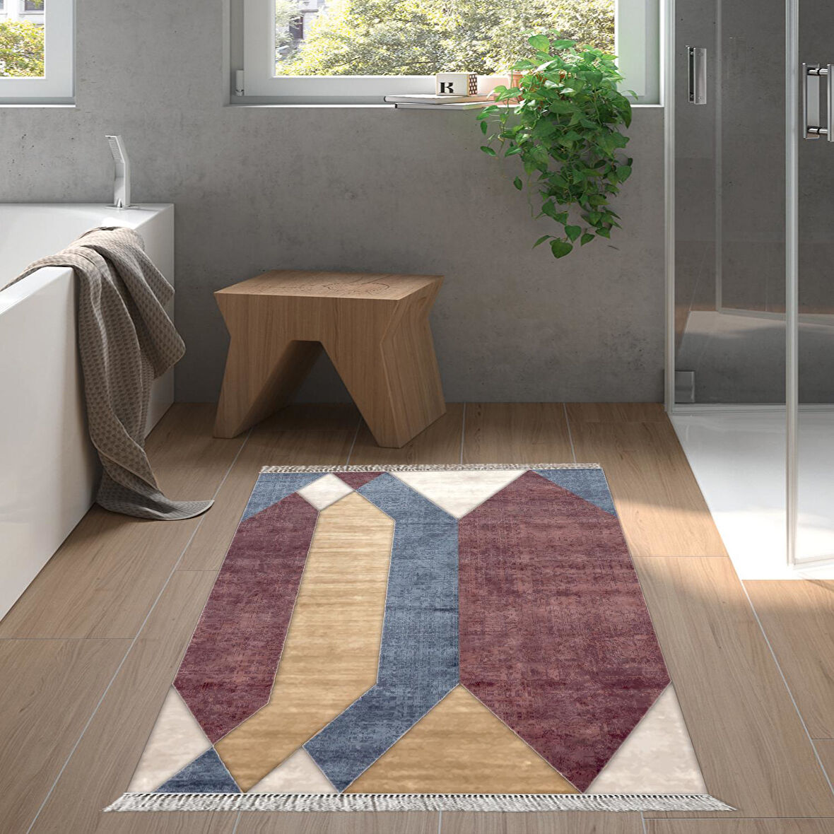 Dekoreko Kaymaz Taban Djt Banyo Halısı Yıldız Deri Saçaklı Modern S6506