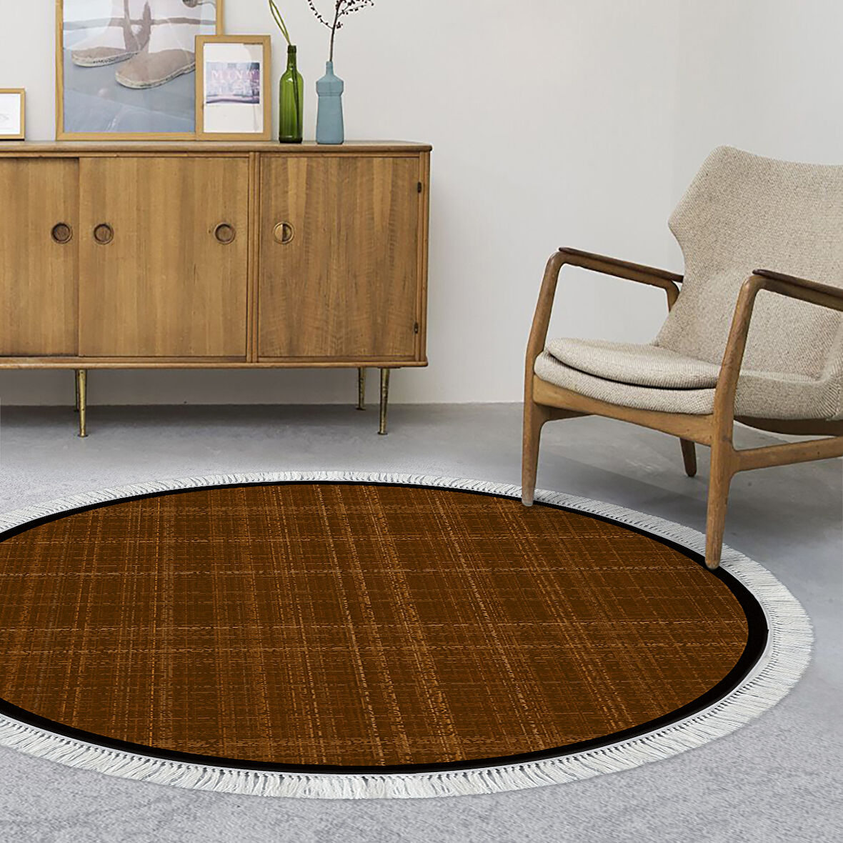 Alanur Home Kaymaz Taban Djt Banyo Mutfak Salon Halı Star Pamuk Saçaklı Yuvarlak Dokuma Desen E5007