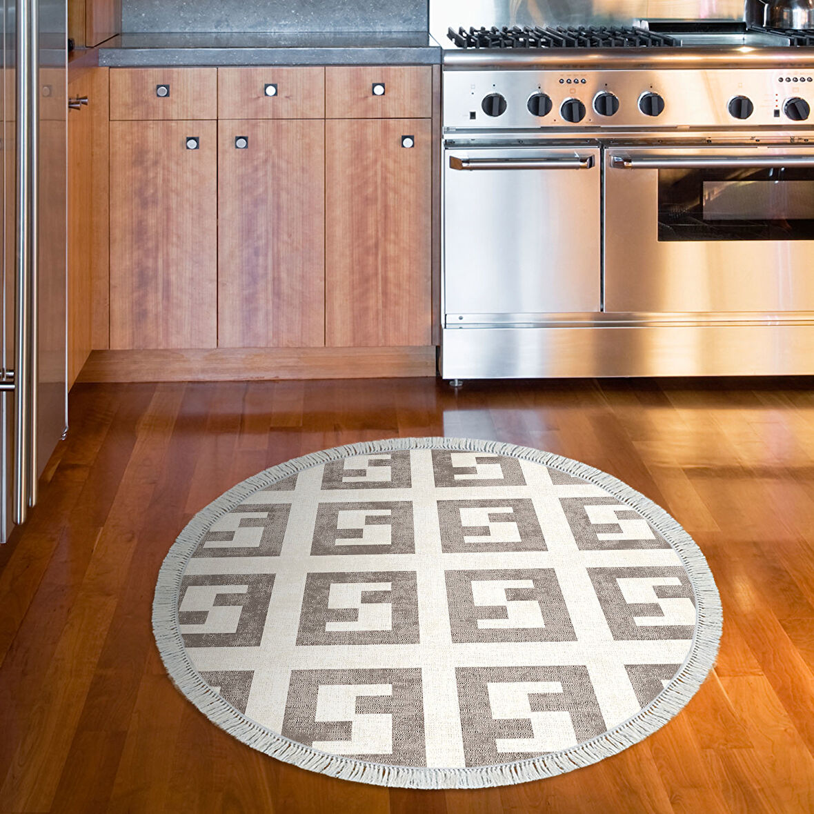 Dekoreko Kaymaz Taban Djt Mutfak Halısı Trend Saçaklı Yuvarlak Modern 606M