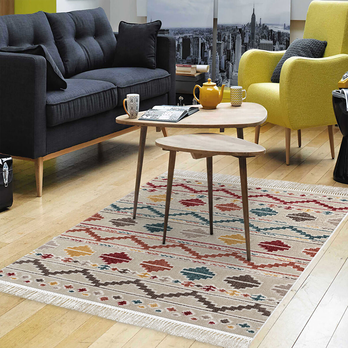 Dekoreko Kaymaz Taban Djt Salon Halısı Star Pamuk Saçaklı İskandinav F5001