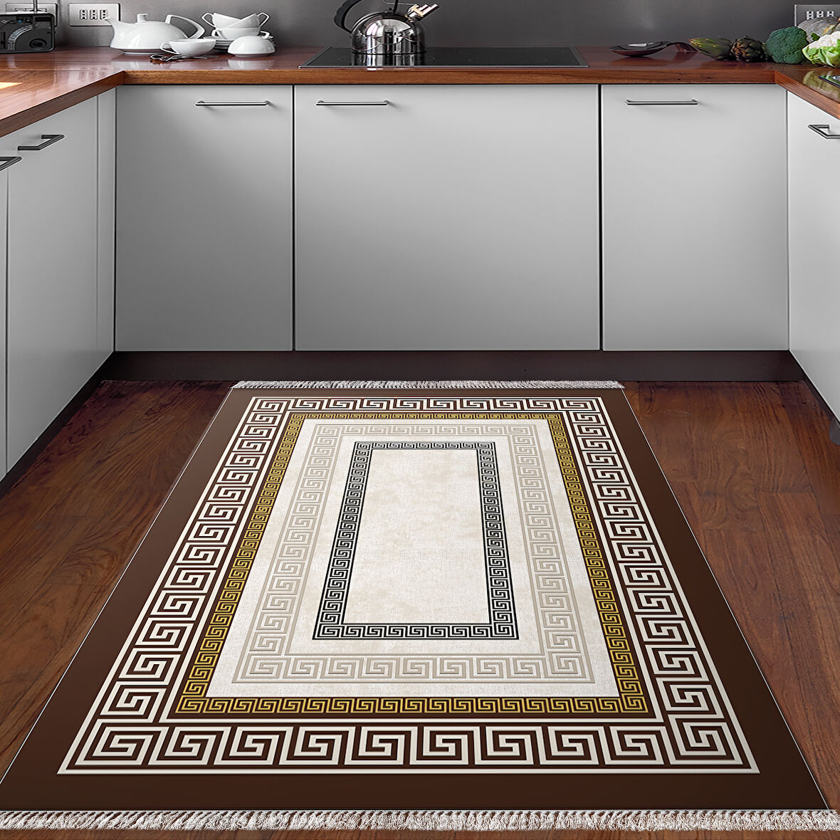 Dekoreko Kaymaz Taban Djt Mutfak Halısı Yıldız Deri Saçaklı Modern 675M