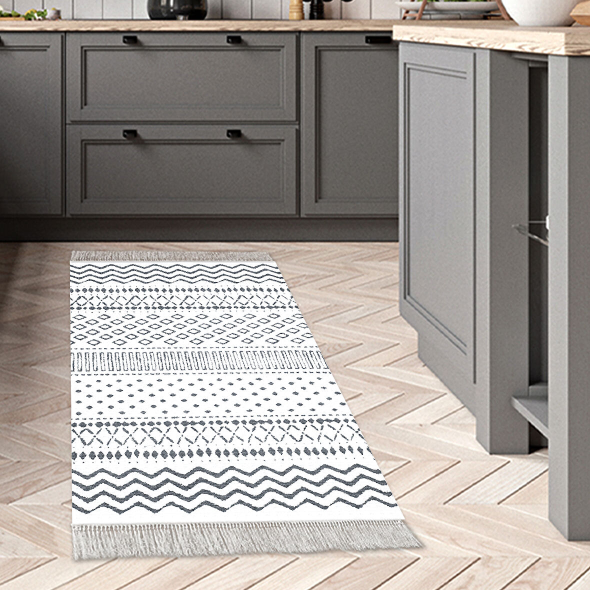 Dekoreko Kaymaz Taban Djt Mutfak Halısı Yıldız Deri Saçaklı İskandinav F5086