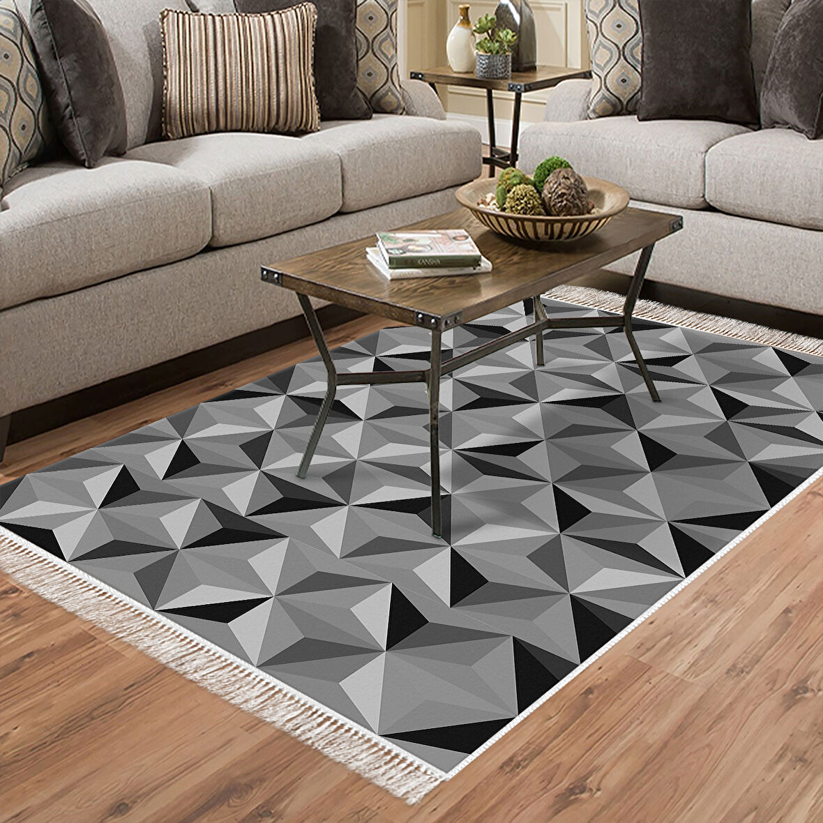 Dekoreko Kaymaz Taban Djt Salon Halısı Yıldız Deri Saçaklı Modern 1944