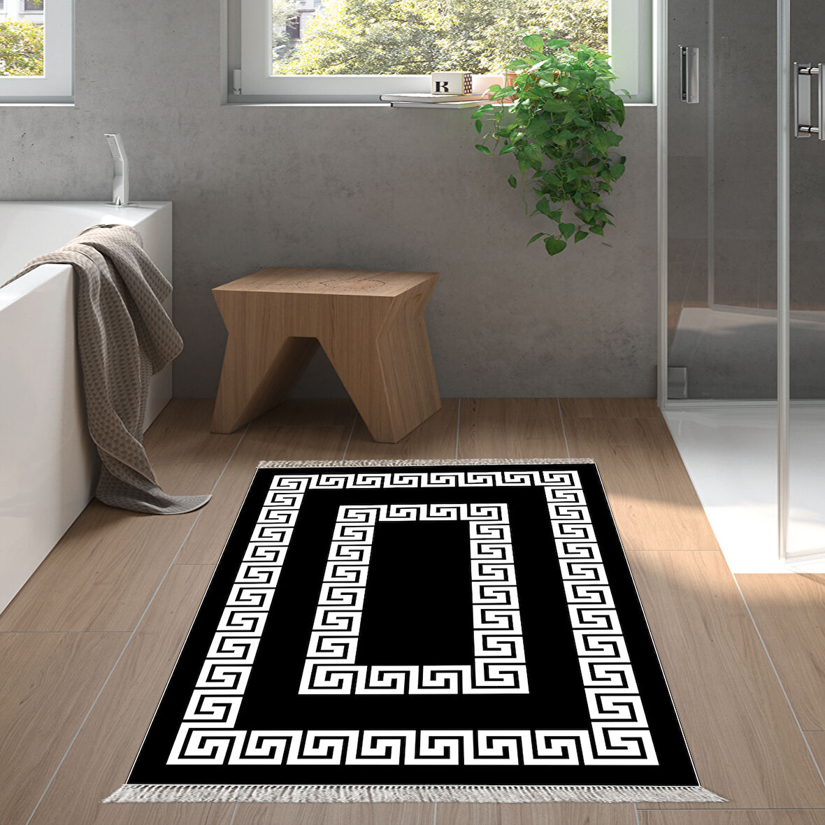 Dekoreko Kaymaz Taban Djt Banyo Halısı Yıldız Deri Saçaklı Modern 650M