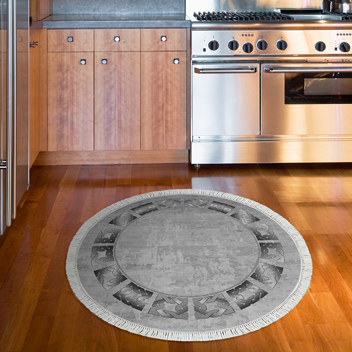 Dekoreko Kaymaz Taban Djt Mutfak Halısı Yıldız Deri Saçaklı Yuvarlak Modern 691M