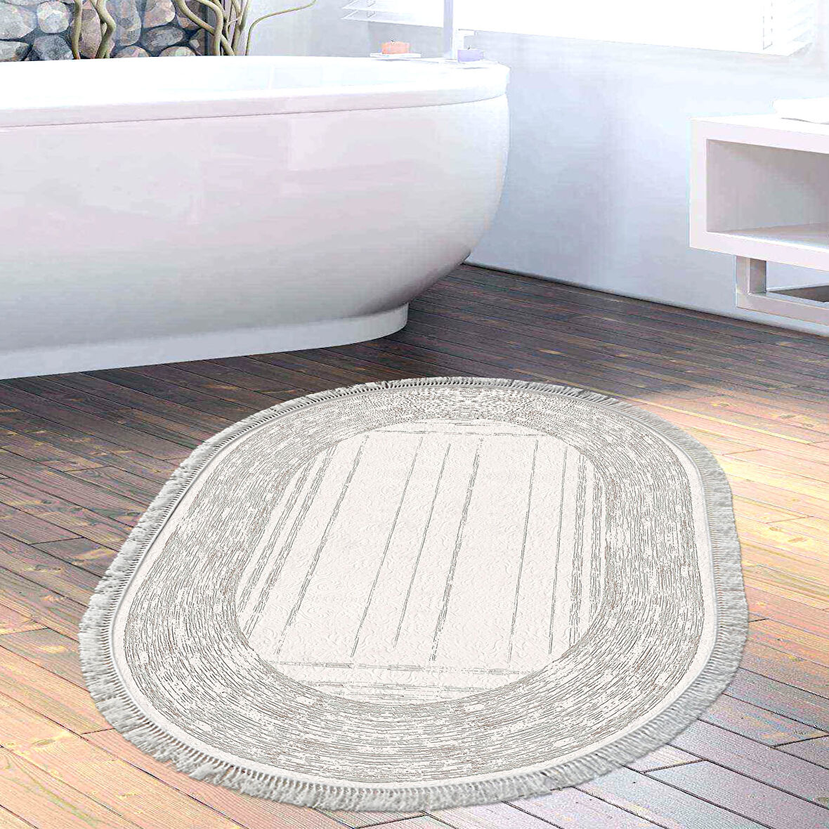 Dekoreko Kaymaz Taban Djt Banyo Halısı Star Pamuk Saçaklı Oval Modern M5076