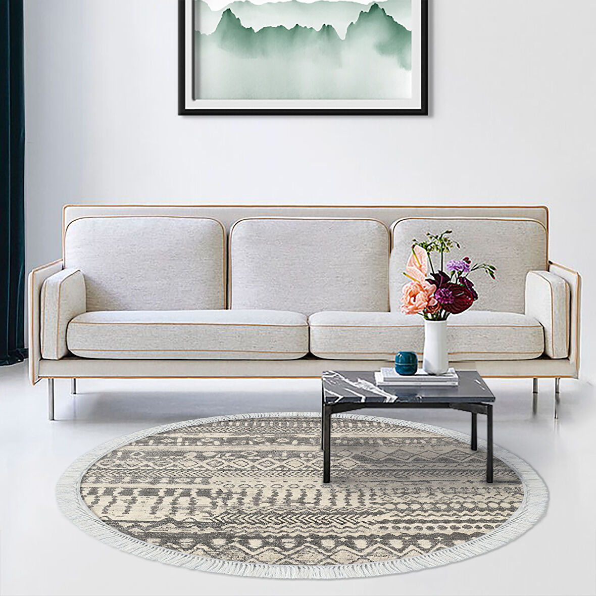 Dekoreko Kaymaz Taban Djt Salon Halısı Star Pamuk Saçaklı Yuvarlak İskandinav F5080