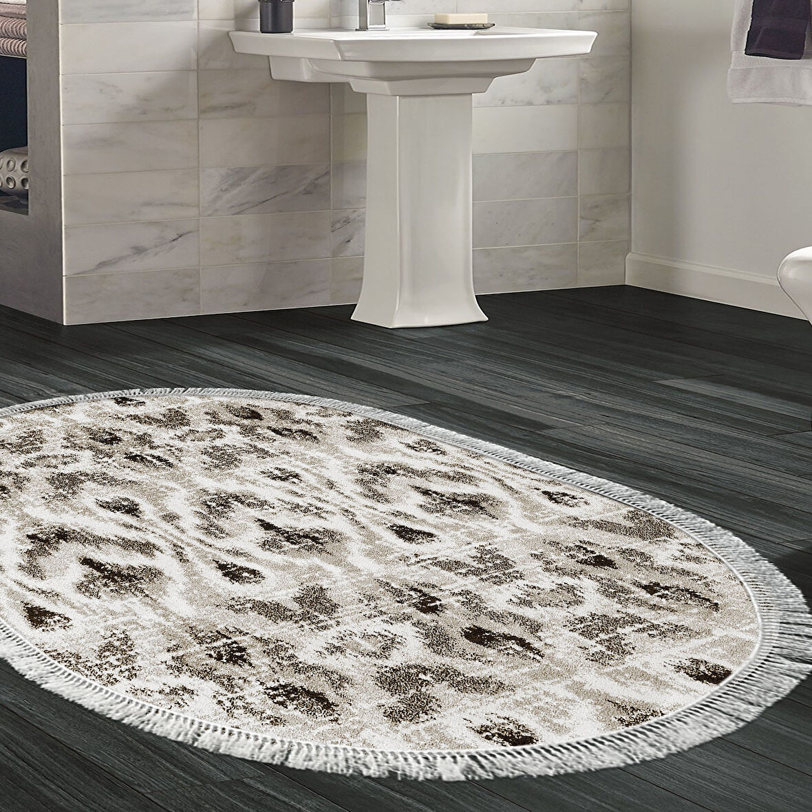 Dekoreko Kaymaz Taban Djt Banyo Halısı Trend Saçaklı Oval İskandinav F5136