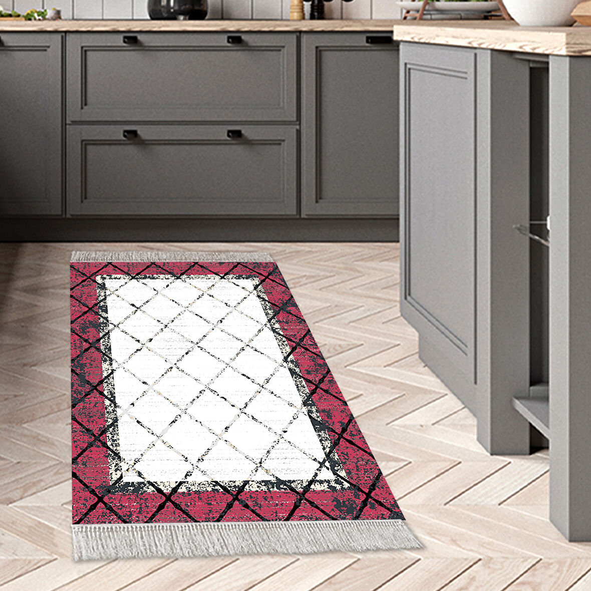 Dekoreko Kaymaz Taban Djt Mutfak Halısı Trend Saçaklı Modern M5129