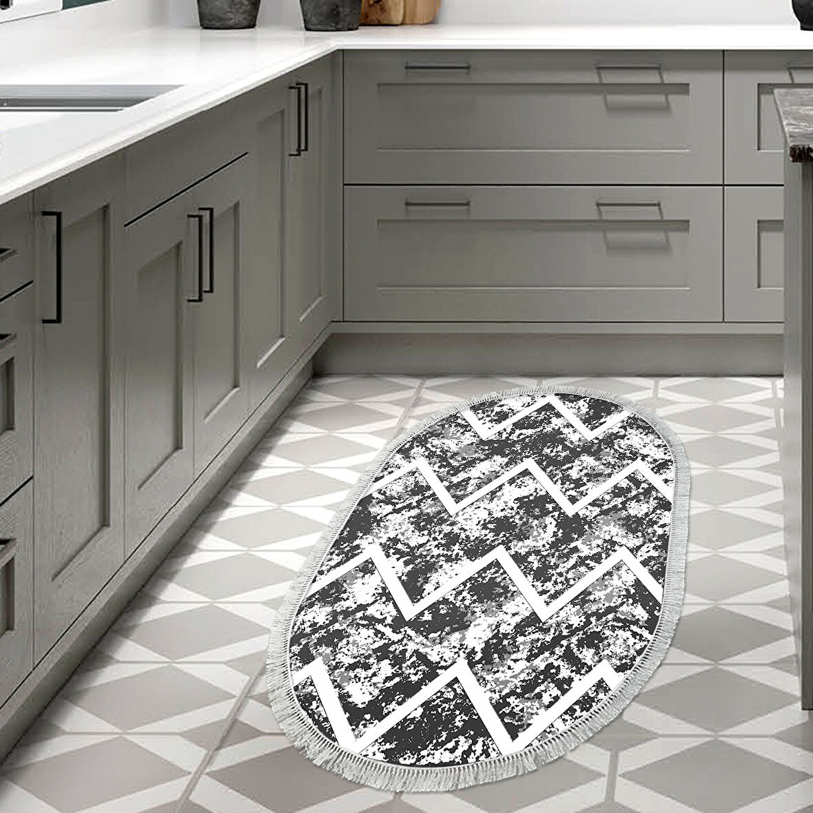 Dekoreko Kaymaz Taban Djt Mutfak Halısı Trend Saçaklı Oval İskandinav F5128