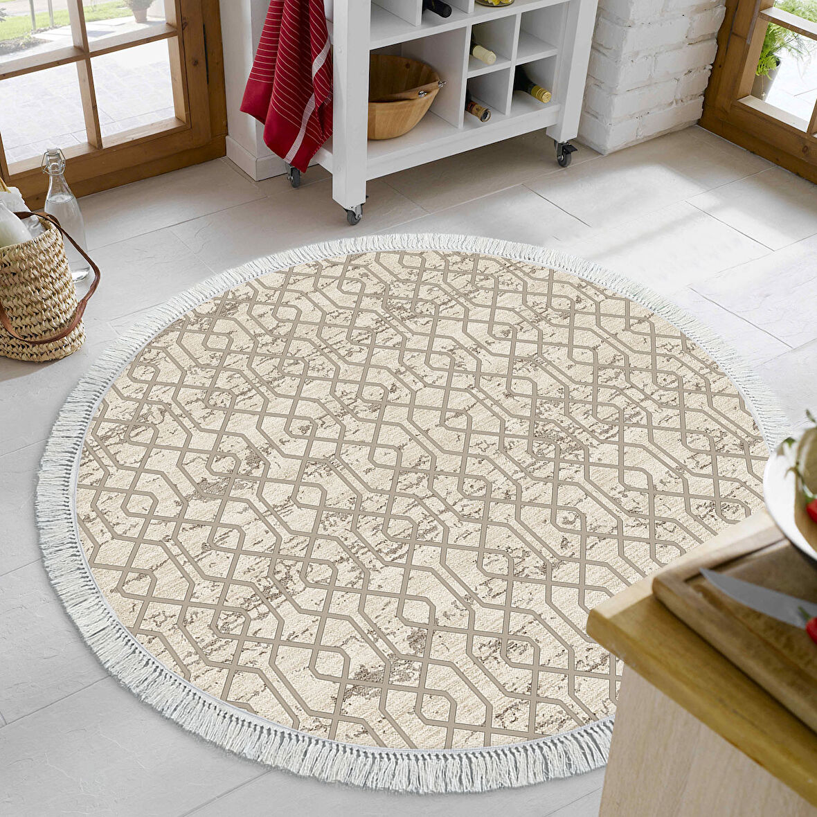 Dekoreko Kaymaz Taban Djt Mutfak Halısı Trend Saçaklı Yuvarlak Modern 757