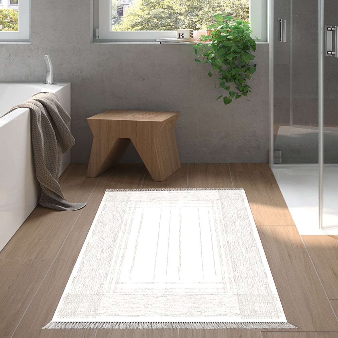 Dekoreko Kaymaz Taban Djt Banyo Halısı Trend Saçaklı Modern M5076