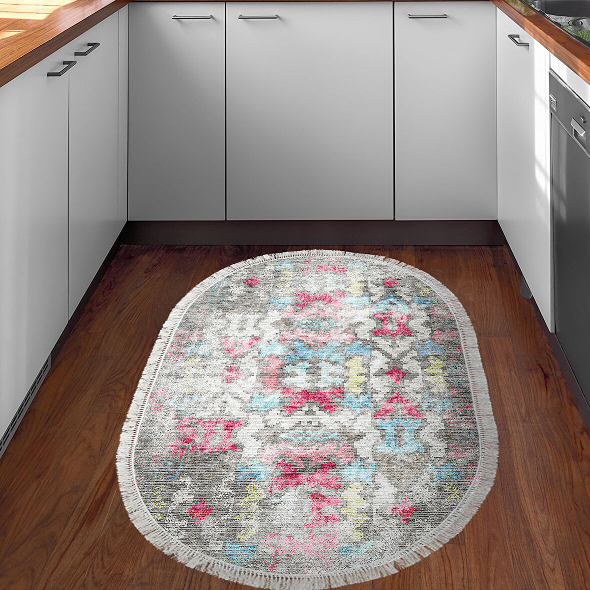 Dekoreko Kaymaz Taban Djt Mutfak Halısı Star Pamuk Saçaklı Oval Modern F5138