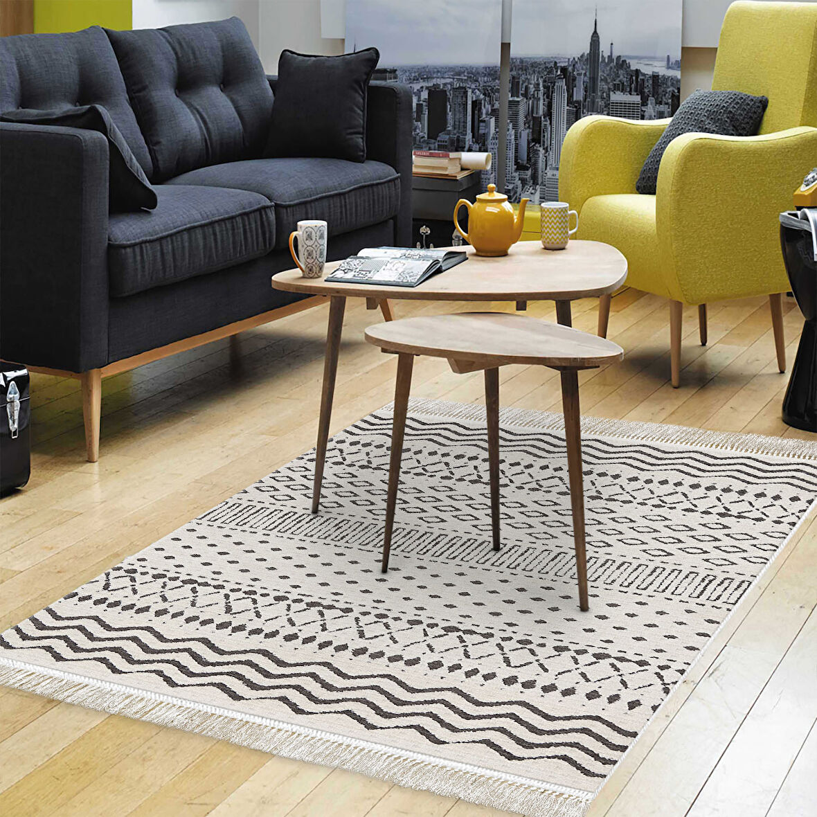 Dekoreko Kaymaz Taban Djt Salon Halısı Trend Saçaklı İskandinav F5086