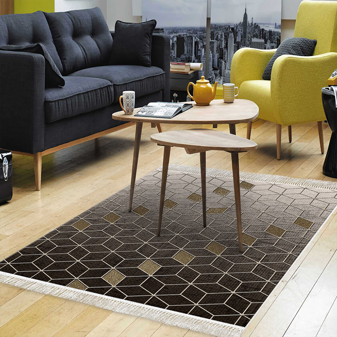 Dekoreko Kaymaz Taban Djt Salon Halısı Yıldız Deri Saçaklı Modern 719