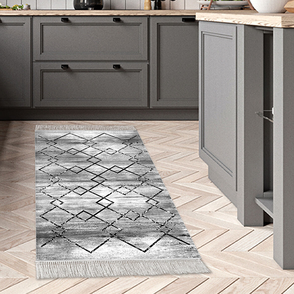 Dekoreko Kaymaz Taban Djt Mutfak Halısı Trend Saçaklı Modern M5006