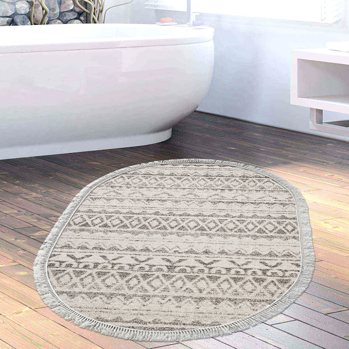 Dekoreko Kaymaz Taban Djt Banyo Halısı Yıldız Deri Saçaklı Oval İskandinav F5078