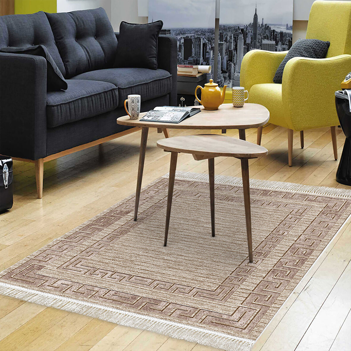 Dekoreko Kaymaz Taban Djt Salon Halısı Trend Saçaklı Modern F5036