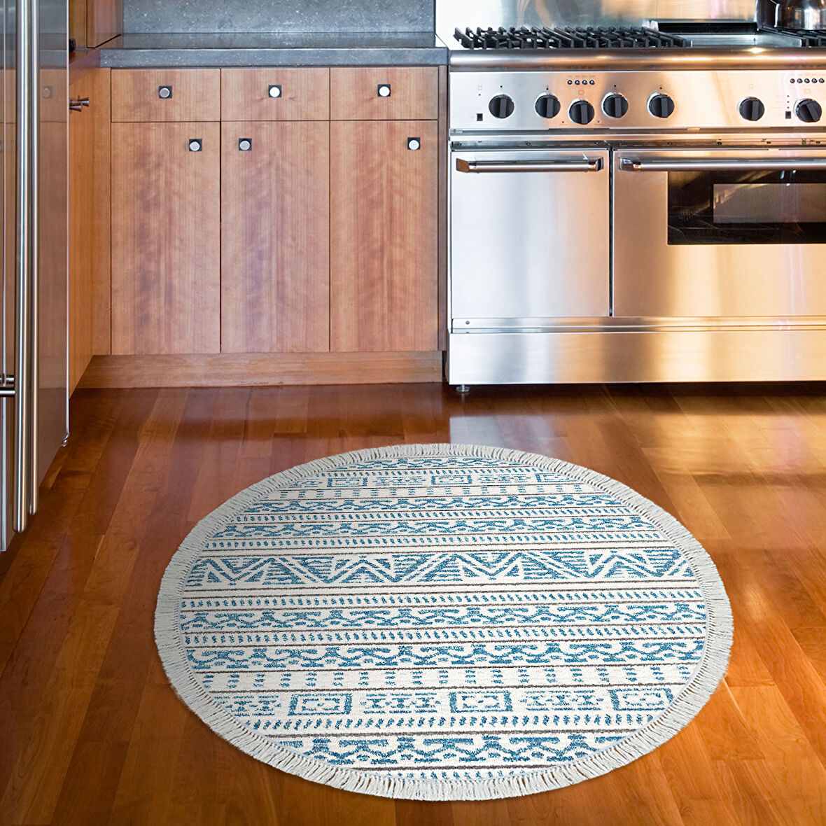 Dekoreko Kaymaz Taban Djt Mutfak Halısı Star Pamuk Saçaklı Yuvarlak İskandinav F5082