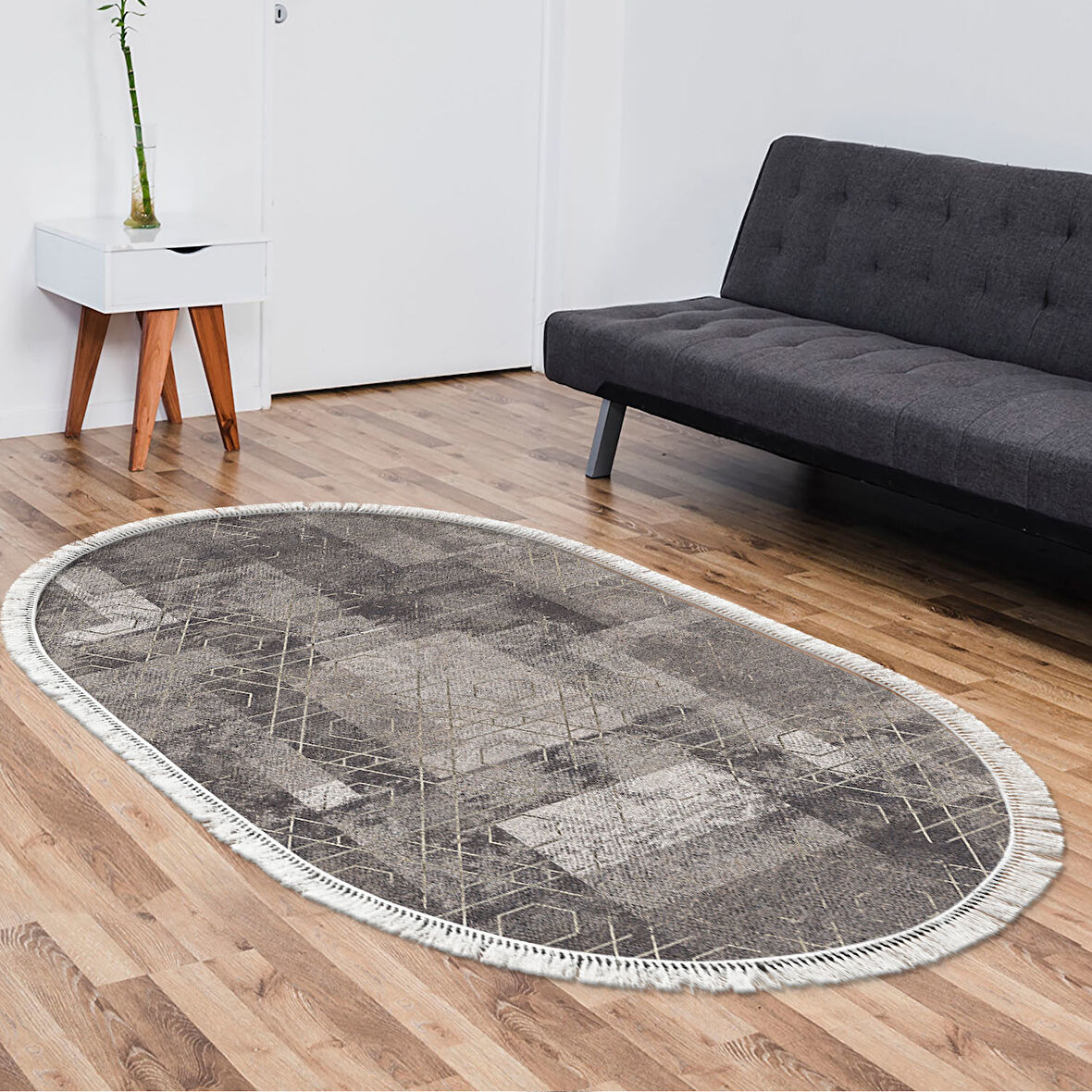 Dekoreko Kaymaz Taban Djt Salon Halısı Trend Saçaklı Oval İskandinav F5132