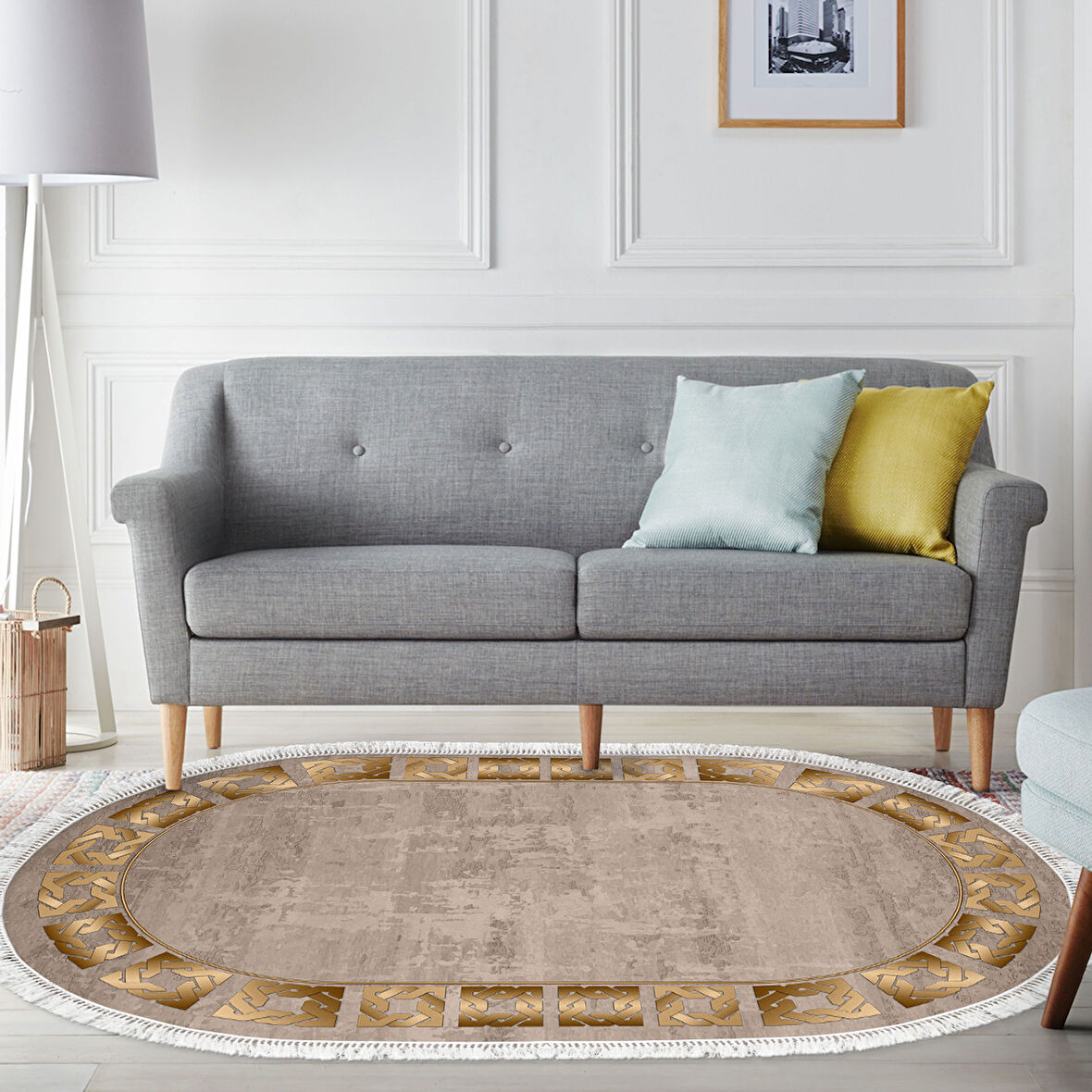 Dekoreko Kaymaz Taban Djt Salon Halısı Yıldız Deri Saçaklı Oval Modern 691M